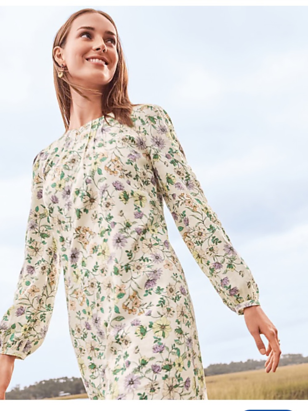 Loft NWT Linen Blend Long Sleeve Floral Ruffle Lined Cottage core Boho Dress 12